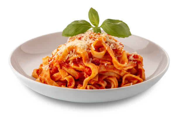 istock Tagliatelle egg pasta with tomato sauce and grated parmesan cheese 2086757521