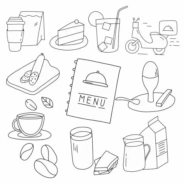 Vector illustration of Hand-Drawn Doodle Collection Depicting Assorted Coffee Shop Items and Accessories