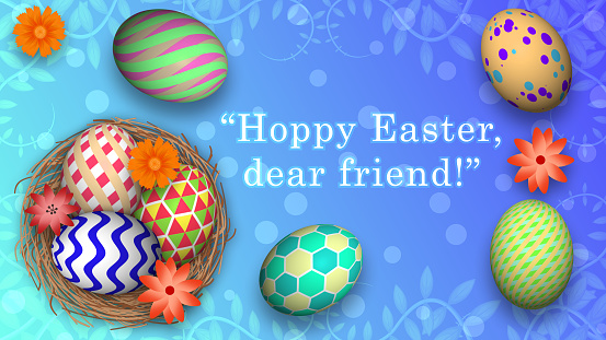 hoppy easter dear friend greetings on decorated background for easter holiday.  beautiful easter greetings image.