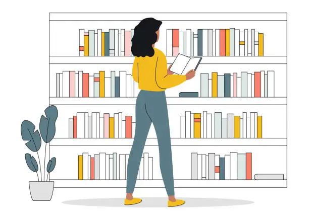 Vector illustration of A young woman stands in front of a stack of books. Vector flat concept of library, learning, exam preparation. The girl is holding a book in her hands and reading. Home library, self-development.