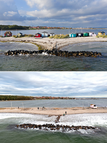 The severe weather on Friday and Saturday night has taken its toll on the iconic beach houses at Marstal on the island of Ærø. Eriks Hale is an isthmus that forms the coastline off Marstal on the easternmost part of Ærø. The first image is from September 27, 2019 and the last from October 22.
