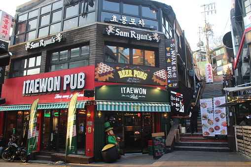 Seoul, South Korea-March 14, 2024: Evening view of bars, clubs, and restaurants, in Itaewon, Seoul