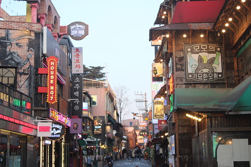 Seoul, South Korea-March 14, 2024: Evening view of bars, clubs, and restaurants, in Itaewon, Seoul