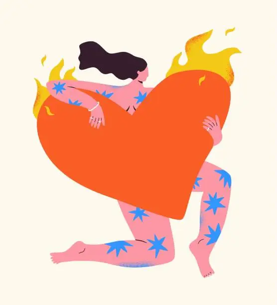 Vector illustration of Woman holding big heart in hands. Smiling female character with stars and flames. Self care and body positive concept.