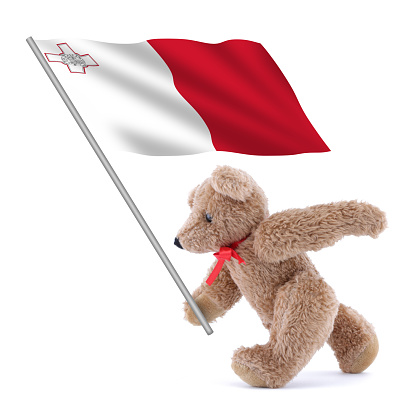 A Malta flag being carried by a cute teddy bear