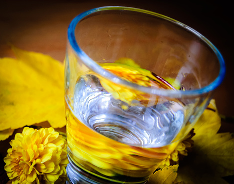 Glass with natural spring water. Wooden background and colorful autumn leaves and flowers decoration. Healthy lifestyle concept. Selective focus.