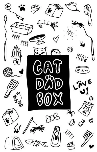 Vector illustration of Printmaking Cartoon Pets Doodle Seamless Pattern, Fun Objects, Cat Dad Box Sticker, Pet Toys, Graphic pencil line sketch drawing, Pet Stuff, Knick Knack, Animals, Icon, Box Label, Gift Wrapping