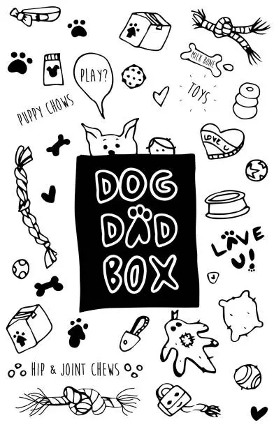 Vector illustration of Printmaking Cartoon Pets Doodle Seamless Pattern, Fun Objects, Dog Dad Box Sticker, Pet Toys, Graphic pencil line sketch drawing, Pet Stuff, Knick Knack, Animals, Icon, Box Label, Gift Wrapping