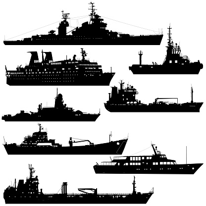 Set silhouette on a white background of a ship military destroyer and a transport ship.