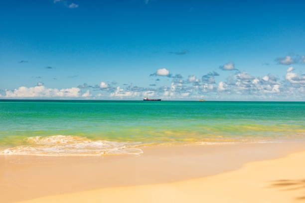 Caribbean beach with white sand, deep blue sky and turquoise water