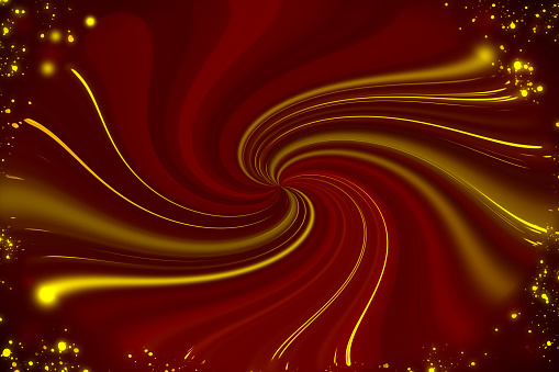 Abstract swirl glowing light trails background in maroon colors with sparkling particles.