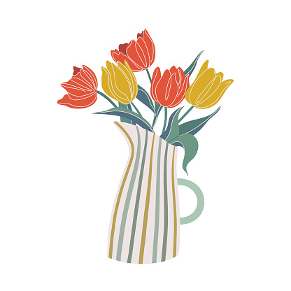 Tulip flower bunch in vase. Fresh cut blooms, floral plants bouquet in pitcher. Beautiful Spring posy, tulips arrangement. Flat style vector illustration with modern textures.