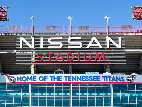 Nashville, TN, USA - March 10, 2024: Nissan Stadium is mainly home to the NFL's Tennessee Titans but also hosts other football and soccer games, concerts, and events. Located across Cumberland River.