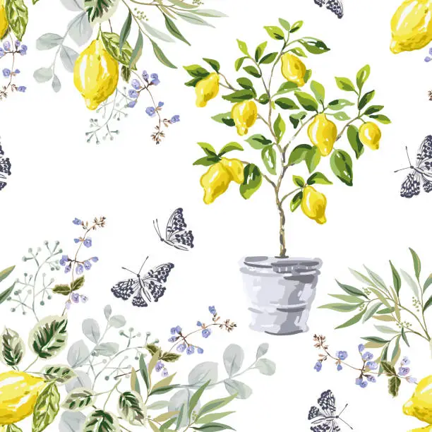 Vector illustration of Lemon tree, yellow fruits, green leaves, butterflies, white background. Floral illustration. Vector seamless pattern. Botanical design. Nature summer garden plants. Romantic italian patio