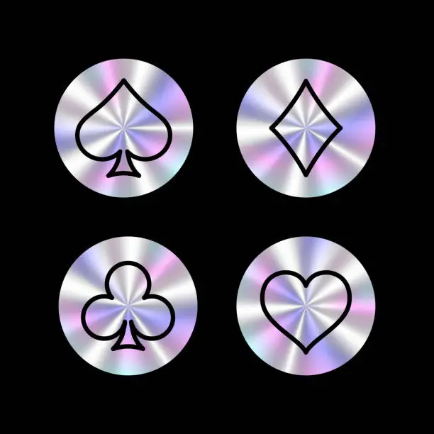 Vector illustration of Four Hologram poker suits of playing cards spades, diamonds, clubs, and hearts isolated on dark background. Four hologram laser outline poker suit symbols.