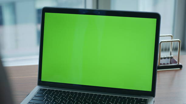 istock Modern chroma key laptop standing desk office close up. Person sitting computer 2086960296