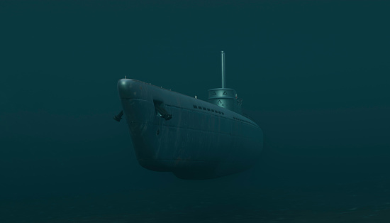 Front view of a submarine sailing under the sea in close-up of a three-dimensional render image