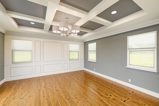 Hermoso dormitorio principal personalizado gris completo con toda la pared de revestimiento de madera, pintura fresca, molduras de corona y base, pisos de madera dura y techo artesonado photo