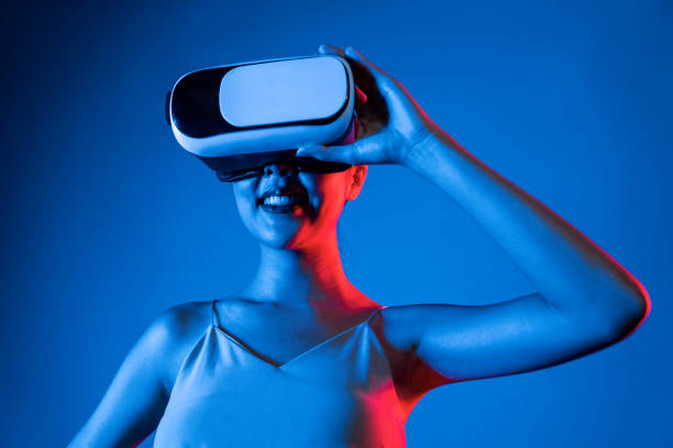istock Woman confidently pose while look into virtual area of metaverse. Hallucination. 2087020537
