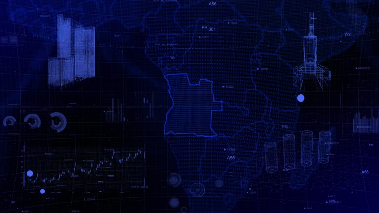 cinematic digital globe rotating video background showcases zooming in on Angola country. Data analysis Angola Country Charts and Graphs of Growth, Development, Resources, GDP Conceptual