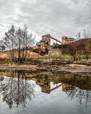 Abandoned zinc mines near to Kirki village North Evros Greece, water reflection, environmental disaster.