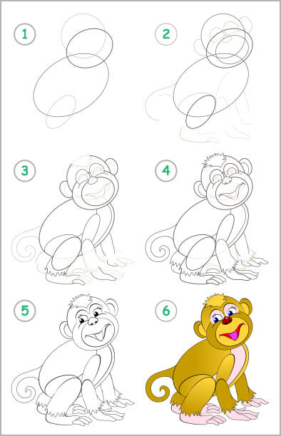 귀여운 원숭이를 그리는 방법을 단계별로 배우는 방법을 보여주는 페이지입니다. 아이들의 그림 그리기와 색칠 기술 개발. 벡터 이미지입니다. - monkey sketch drawing showing stock illustrations
