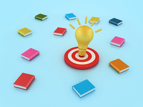 Light Bulb on target with Books - Color Background - 3D Rendering
