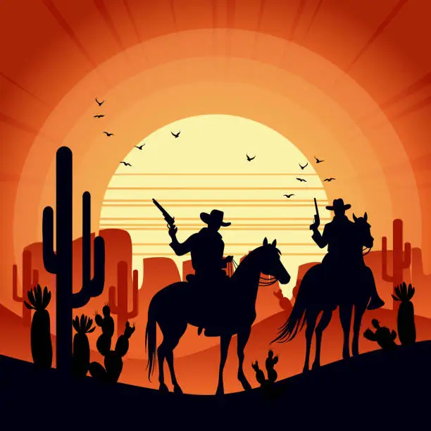 Vector illustration of Desert sunset landscape with cowboys on a horse holding a hand gun.