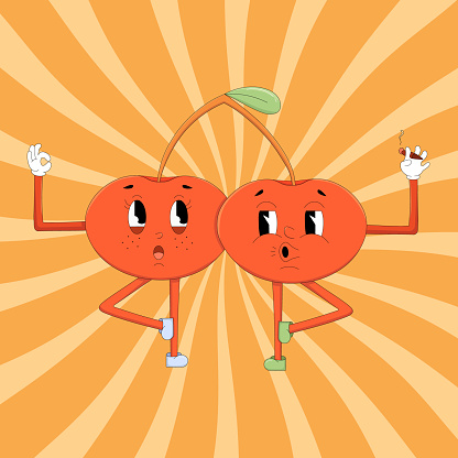 Each cherry has a face with expressive eyes—one winking and the other with a raised eyebrow—suggesting playful personalities. The cherries are set against a striking radial sunburst background in shades of yellow and orange, which adds a dynamic and energetic feel to the illustration