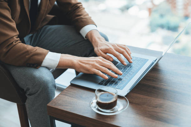 istock Top view of smart businessman hand working, typing by using laptop. Ornamented. 2087131052