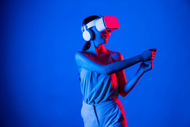 istock Elegant woman using virtual putter play golf games in metaverse . Hallucination. 2087132070