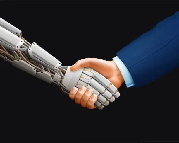 Vector illustration of AI-Human Handshake, Robot Hand and Human Hand in Suit