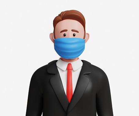 3D businessman wearing medical mask. Danger of infection, virus infection, pandemic, protection, outbreak and pollution concept. 3d illustration