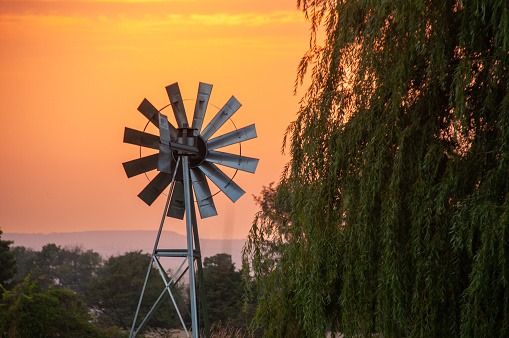 A windmill beside a willow tree during a stunning sunset in the summer