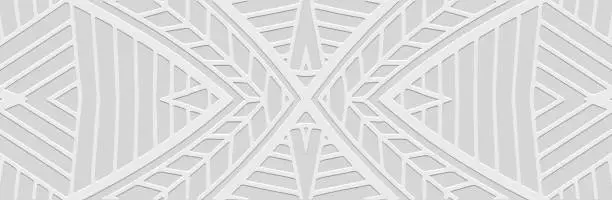 Vector illustration of Banner. Relief geometric ethnic 3D pattern on a white background. Tribal ornamental linear cover design in the best traditions of the peoples of the East, Asia, India, Mexico, Aztec.