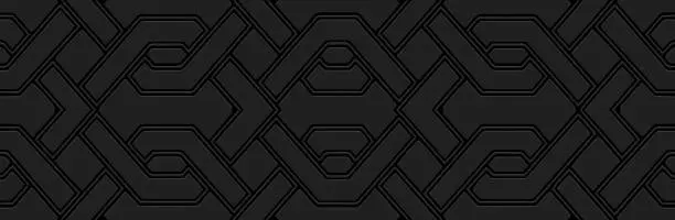 Vector illustration of Banner. Relief geometric ethnic abstract 3D pattern on a black background. Tribal ornamental linear cover design in the best traditions of the peoples of the East, Asia, India, Mexico, Aztec.