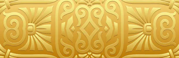 Vector illustration of Banner. Relief geometric vintage gold 3D pattern on a gold background. Tribal luxury ornamental cover design in the ethnic traditions of the East, Asia, India, Mexico, Aztec.