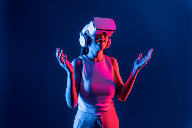 istock Elegant female connect metaverse looking generated virtual area. Hallucination. 2087168868