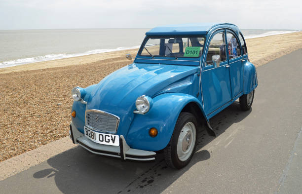 Felixstowe, Suffolk, England -  May 07, 2017: Classic Blue Citroen 2CV  deux chevaux parked on seafront promenade.