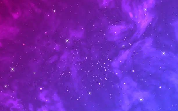 Vector illustration of Galaxy background. Color starry universe. Cosmos wallpaper with stardust. Realistic glowing nebula with white stars. Beautiful cosmic backdrop. Vector illustration