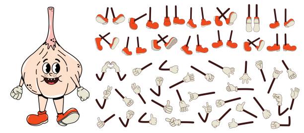 Set and collection of arms and legs in different poses for characters in groove style. Garlic walks, smiles with arms and legs. Y2k elements. Facial expression. White background. Constructor Funky funny cute stickers. 90-2000s. Juicy vector illustration