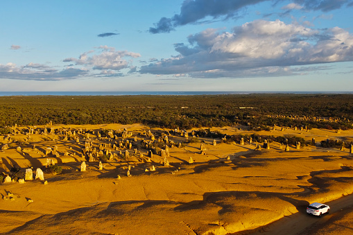 Early morning drone photos of the Pinnacles in Western Australia, which consist of thousands of weathered limestone pillars, situated in the Nambung National Park near the town of Cervantes.