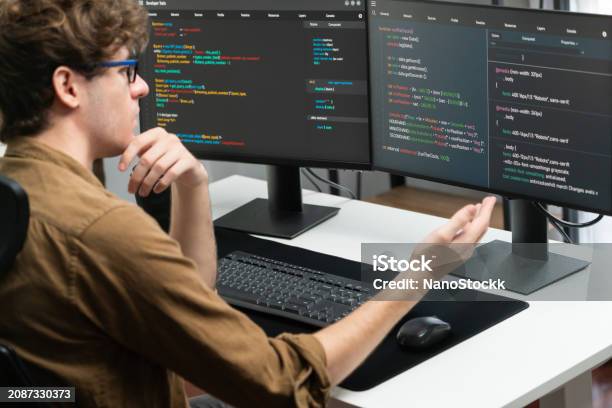 It Developer Working Online Software Development Coding On Pc Screens ...