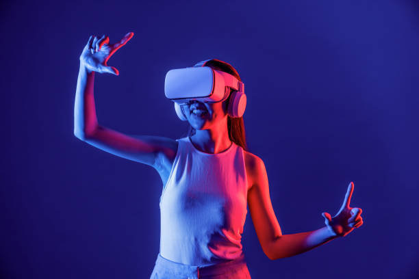 istock Smart female use index and thumb fingers interact virtual object. Hallucination. 2087352156