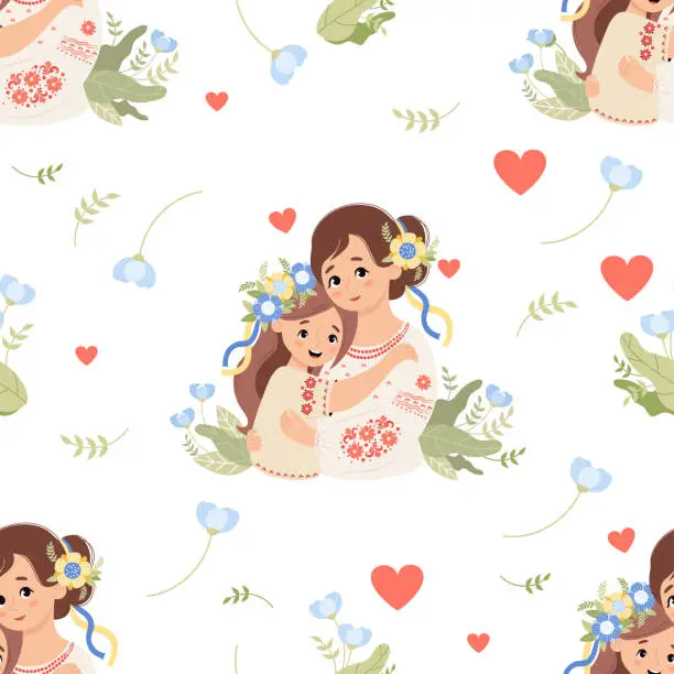 Vector illustration of Seamless pattern with Ukrainian woman mother with daughter in traditional clothes embroidered shirt on white background with flowers. Vector illustration. Cultural national character