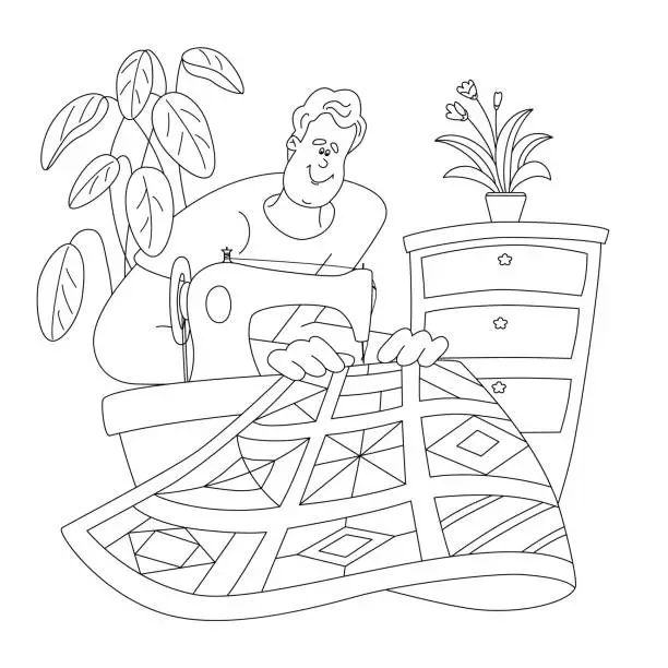 Vector illustration of man is sewing on a sewing machine