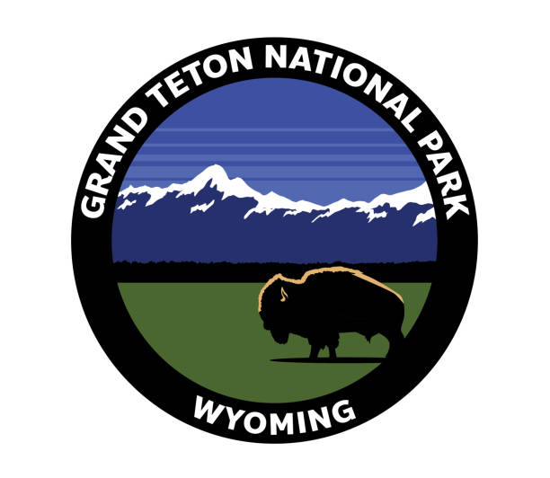 illustrazioni stock, clip art, cartoni animati e icone di tendenza di logo vettoriale del parco nazionale del grand teton wyoming - teton range illustrations