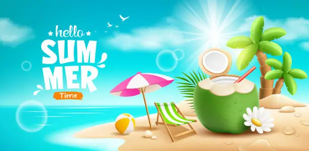 Vector illustration of Coconuts fruit fresh and flower, beach umbrella, beach bed, summer holiday, coconut tree, pile of sand