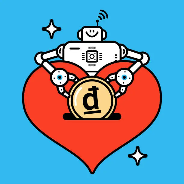 Vector illustration of Love and technology concept, an Artificial Intelligence Robot is putting money into a big Love heart happily