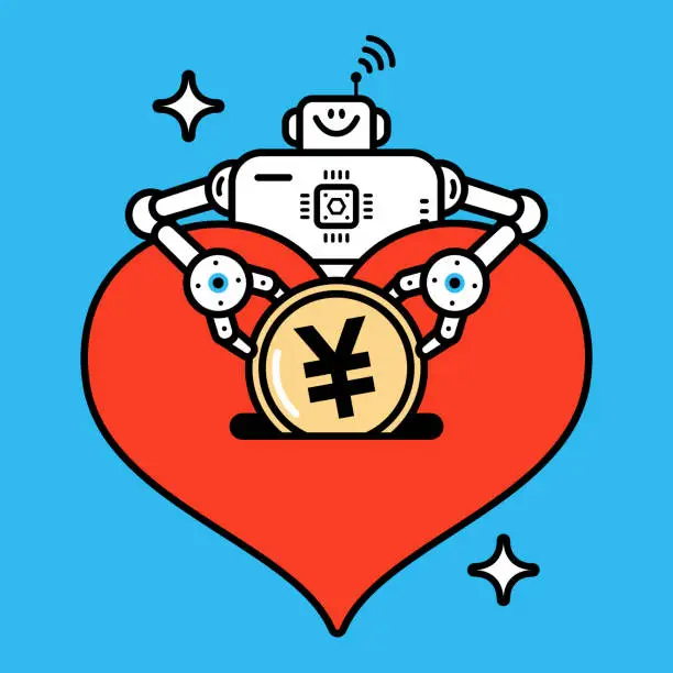 Vector illustration of Love and technology concept, an Artificial Intelligence Robot is putting money into a big Love heart happily